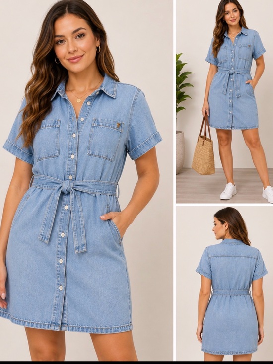 Frye Dresses & Skirts - Frye Light Wash Denim Belted Button Front Shirt Dress Size Medium
